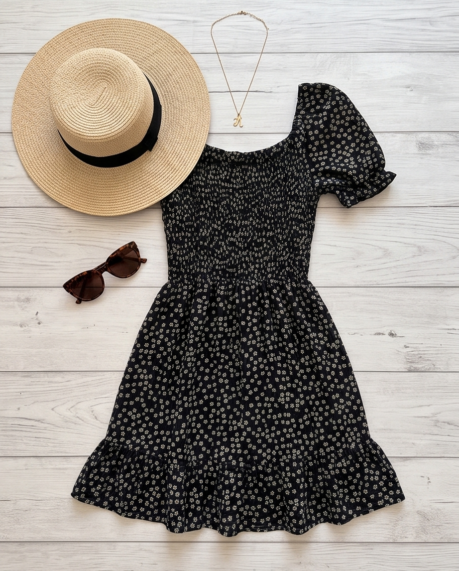 00851 Vestido Susana Negro Flor Amarilla