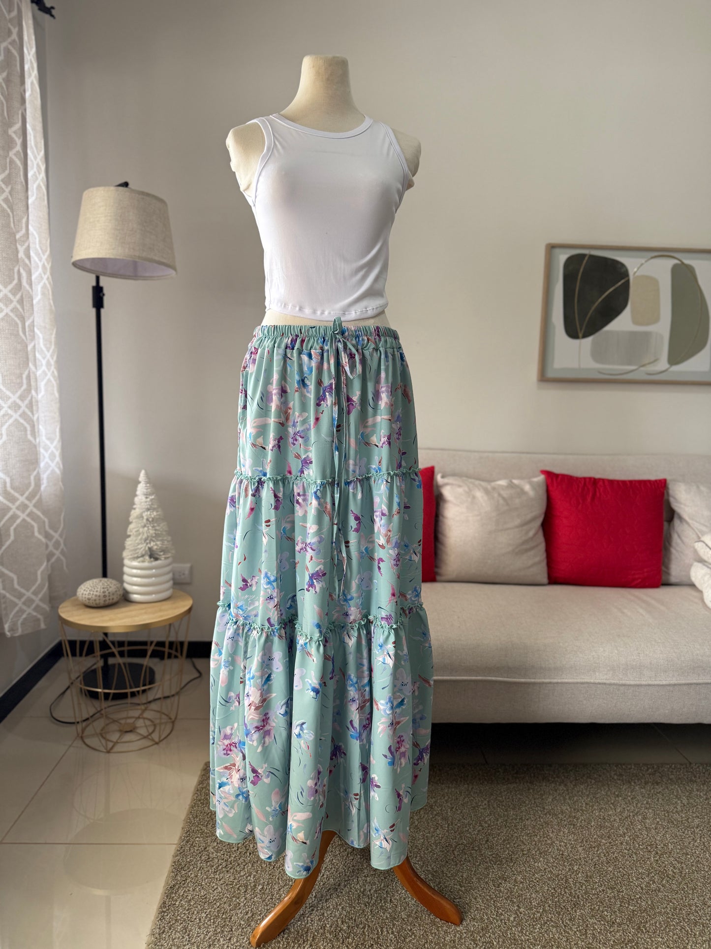 00741 Maxi Falda Flores Verde Agua