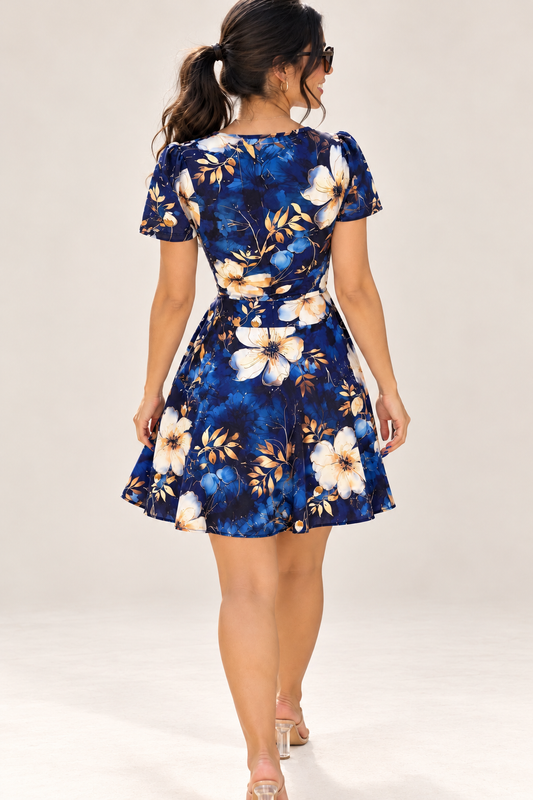 00012 Vestido Alexa con Bolsas Azul Flores Grandes