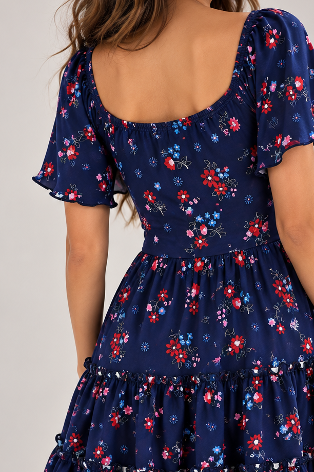 00713 Vestido Melissa Azul Flores Colores
