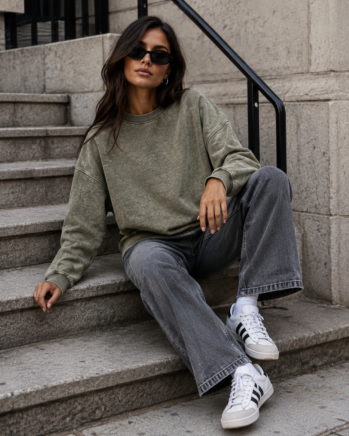 00201 Sudadera Acid Wash Verde Militar
