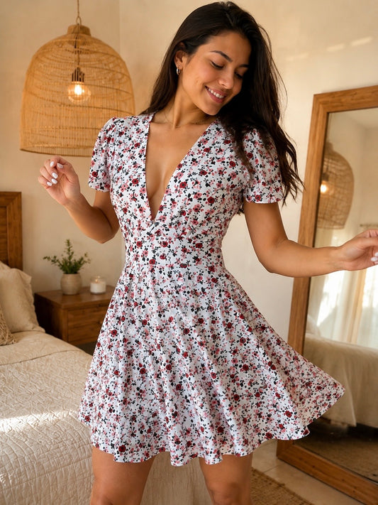00012 Vestido Alexa con Bolsas Flores Blanco