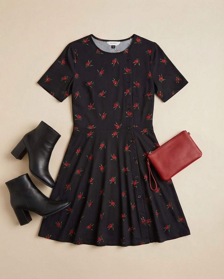 00019 Vestido negro flores rojas