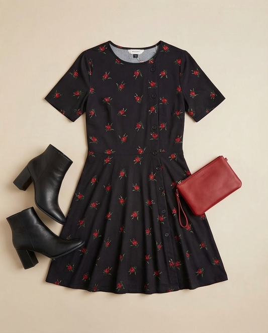 00019 Vestido negro flores rojas