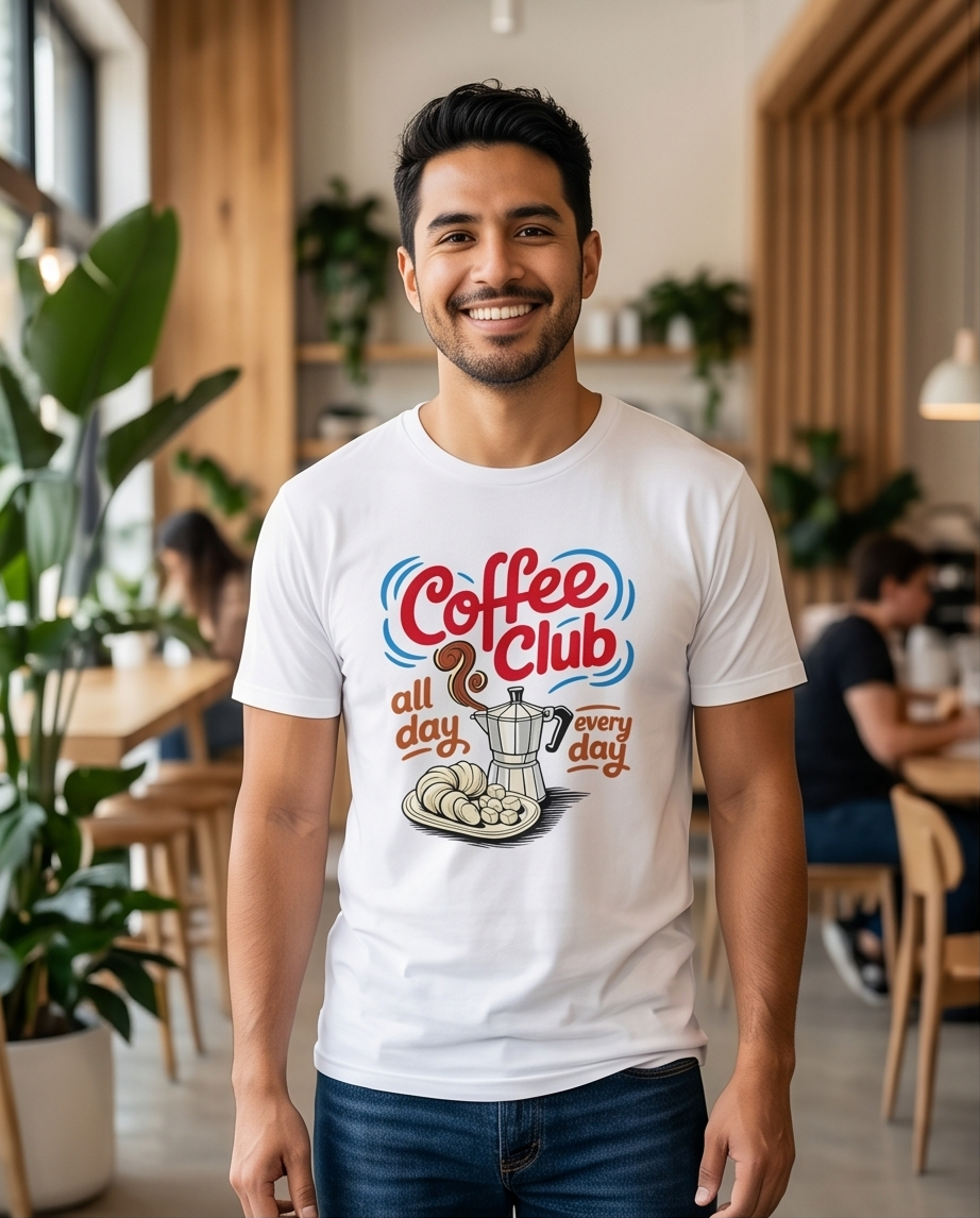 00572  T Shirt Hombre Coffe Club Blanca ( 100% algodon )