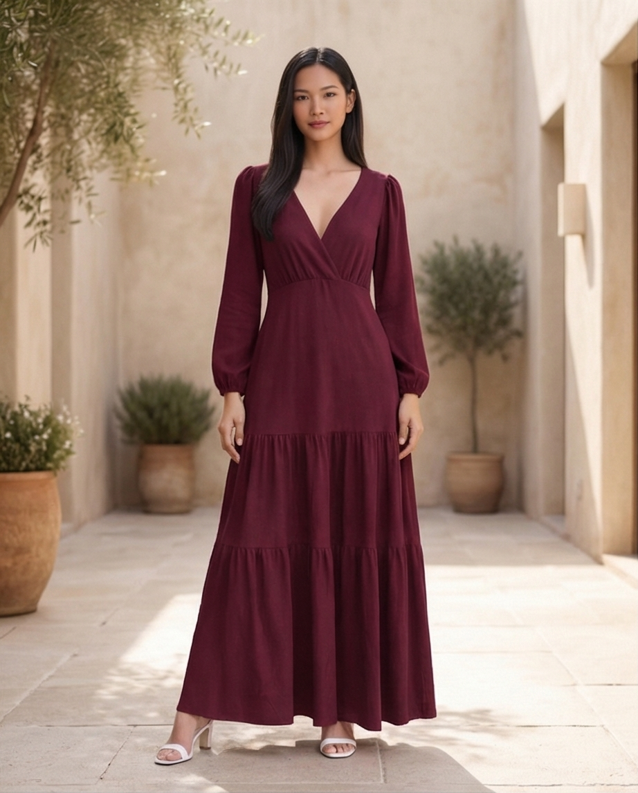 00870 Maxi Vestido Clau manga larga vino
