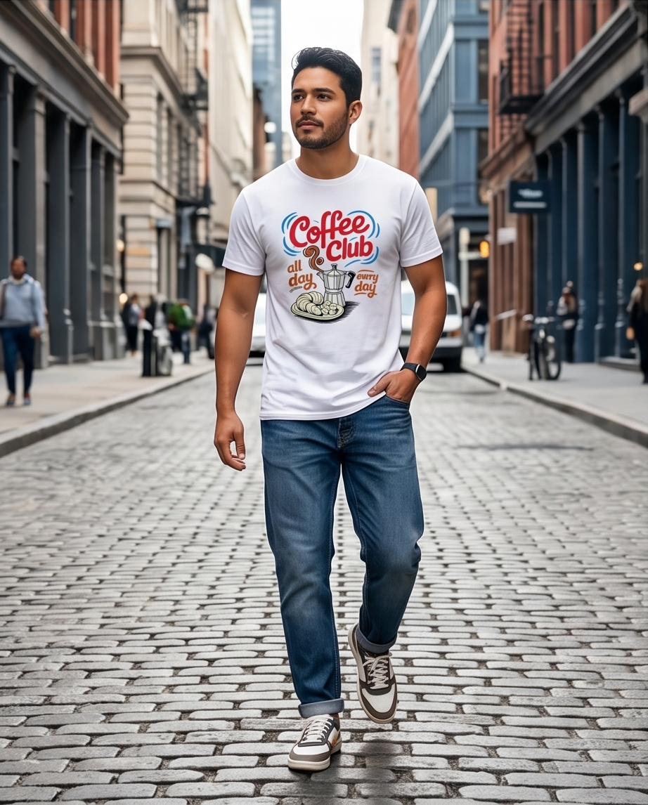 00572  T Shirt Hombre Coffe Club Blanca ( 100% algodon )