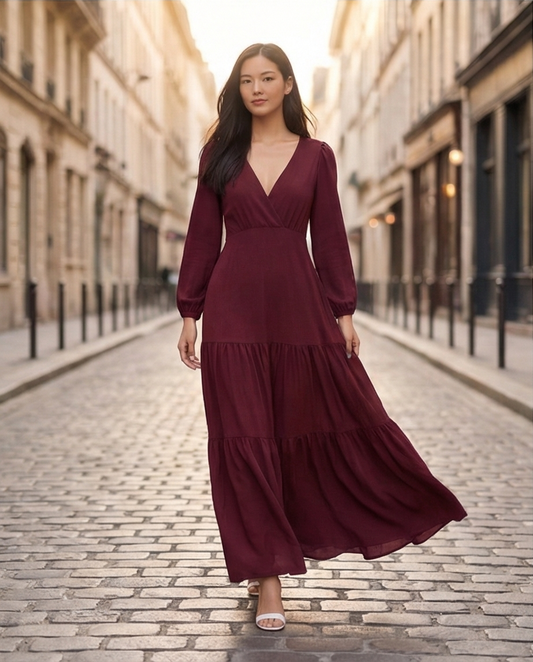 00870 Maxi Vestido Clau manga larga vino