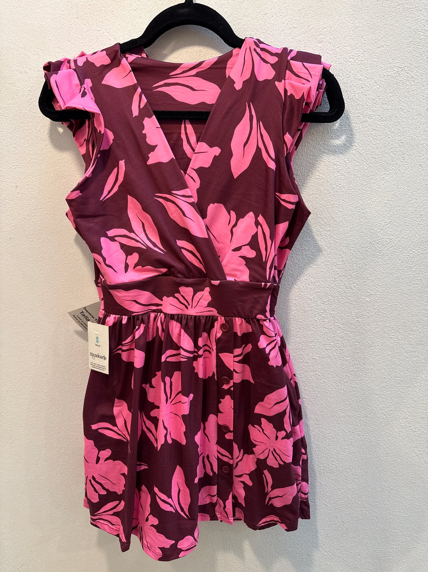 00845 Vestido Julie con Bolsas Estampado Flores Fucsia y Vino