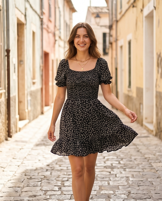 00851 Vestido Susana Negro Flor Amarilla