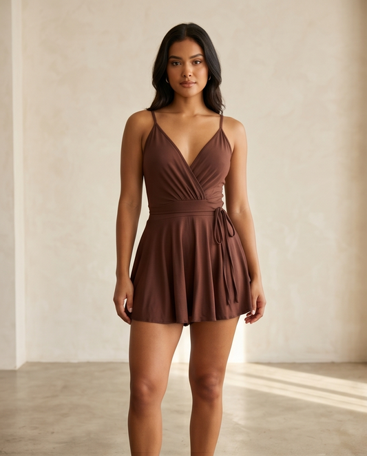 00030 Enterizo falda y short  tono chocolate