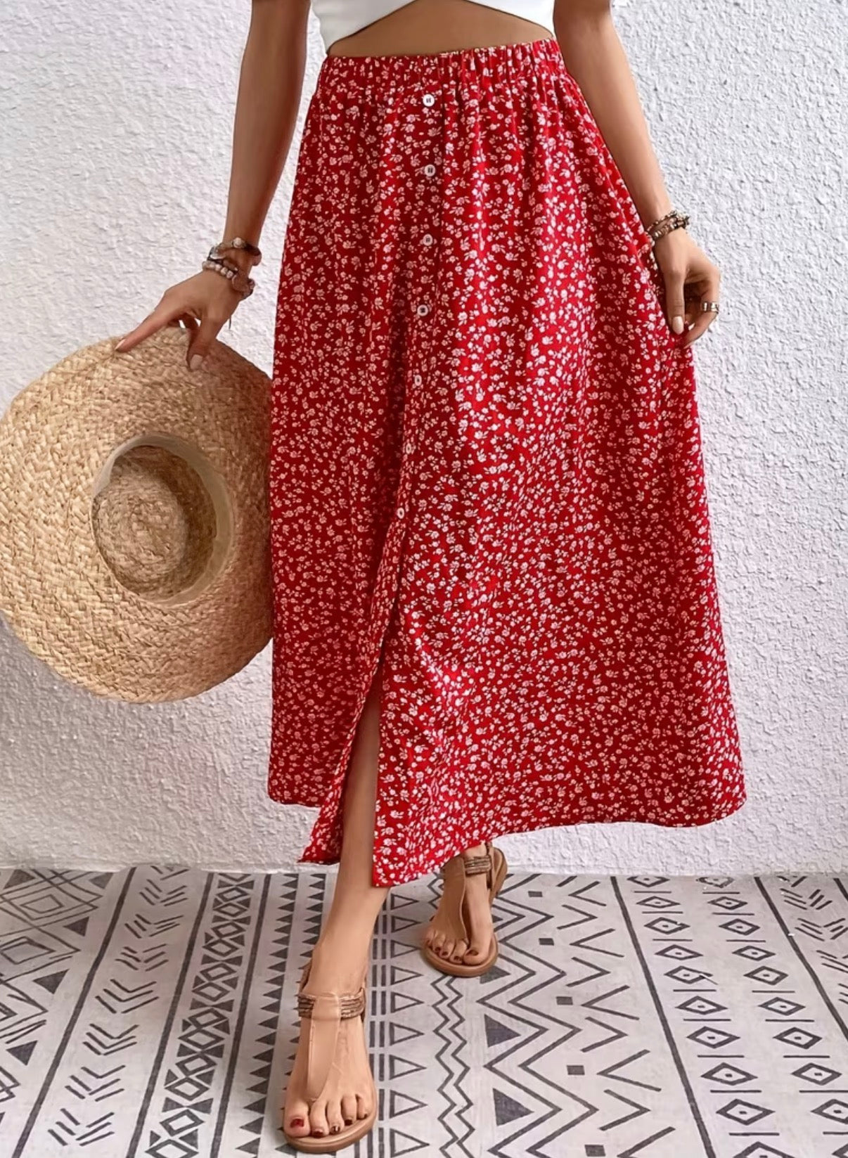 416 Falda Midi Floral Rojo