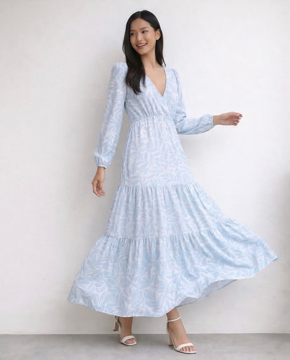 00870 Maxi Vestido Clau manga larga hojas celestes