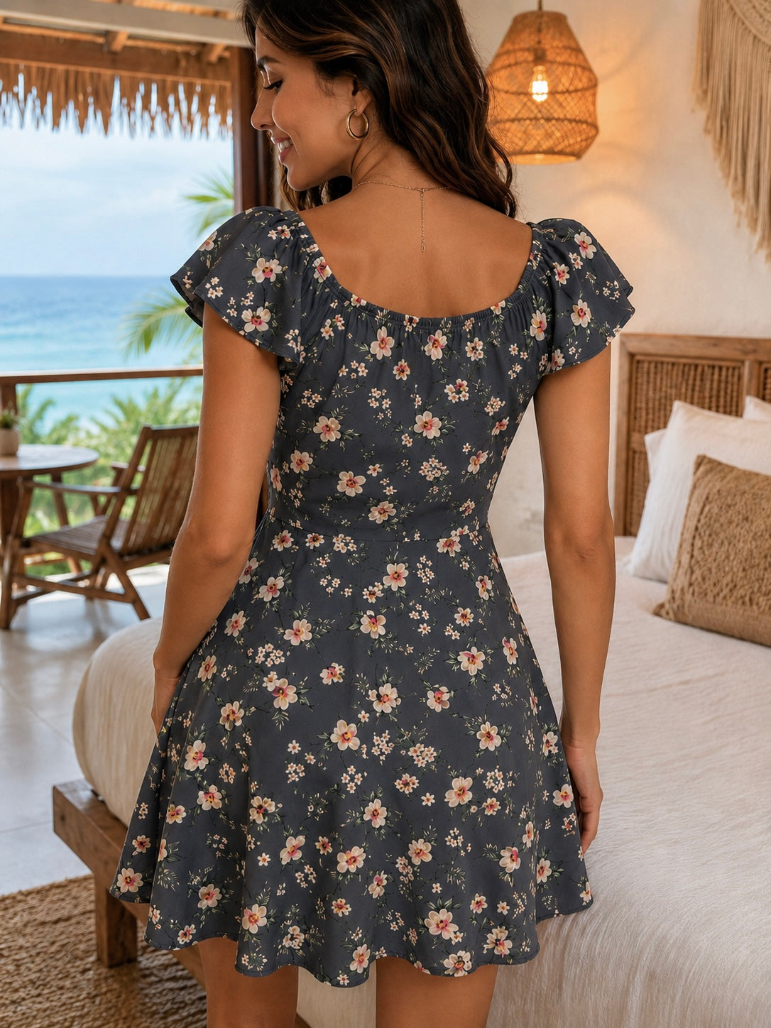 00401 Vestido Sabrina con Lazo Floral Gris Azulado