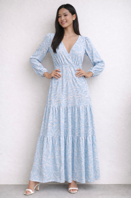 00870 Maxi Vestido Clau manga larga hojas celestes