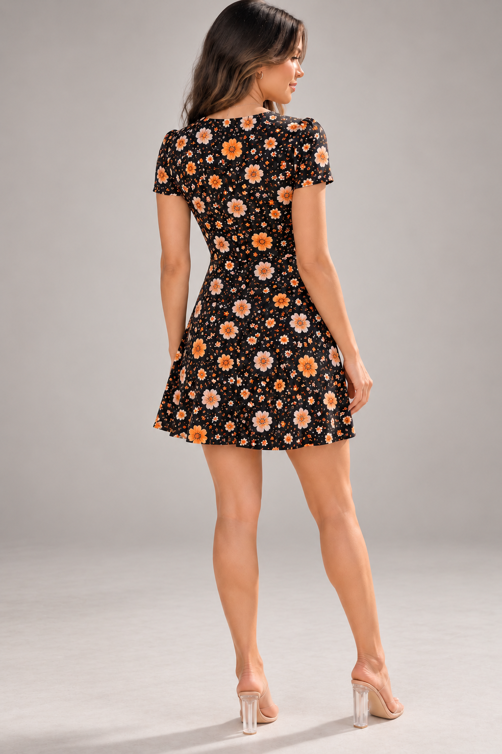 00012 Vestido Alexa con Bolsas Floral Oscuro Naranja