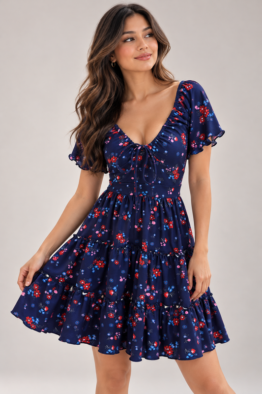00713 Vestido Melissa Azul Flores Colores