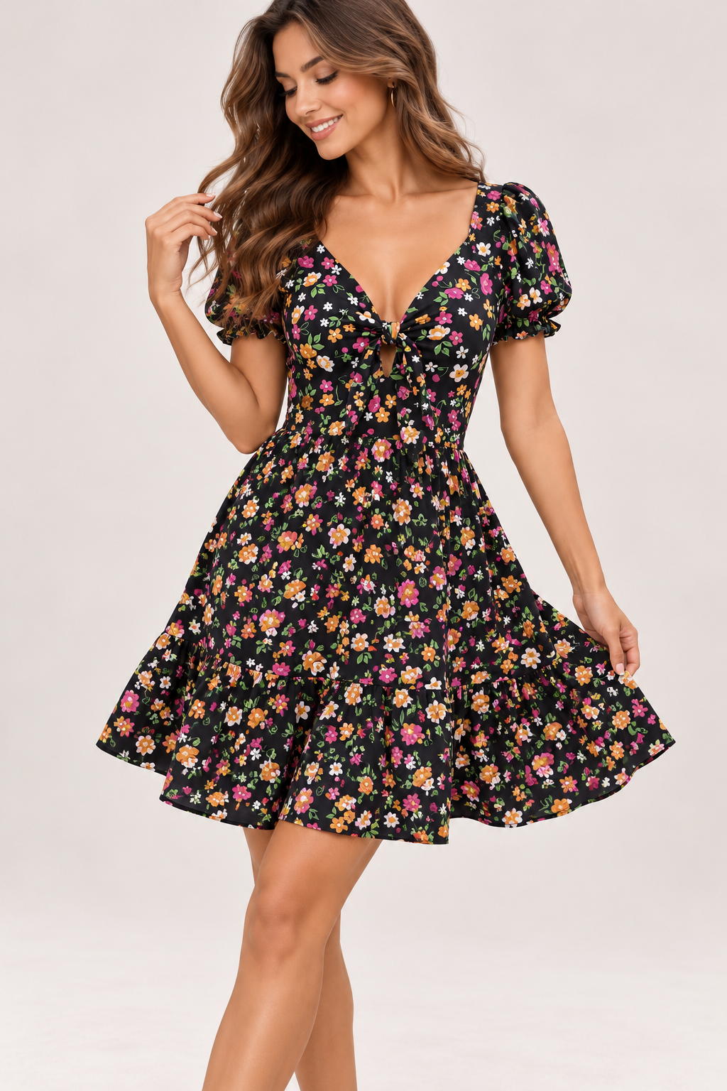 00854 Vestido Alana - Negro Flores Colores