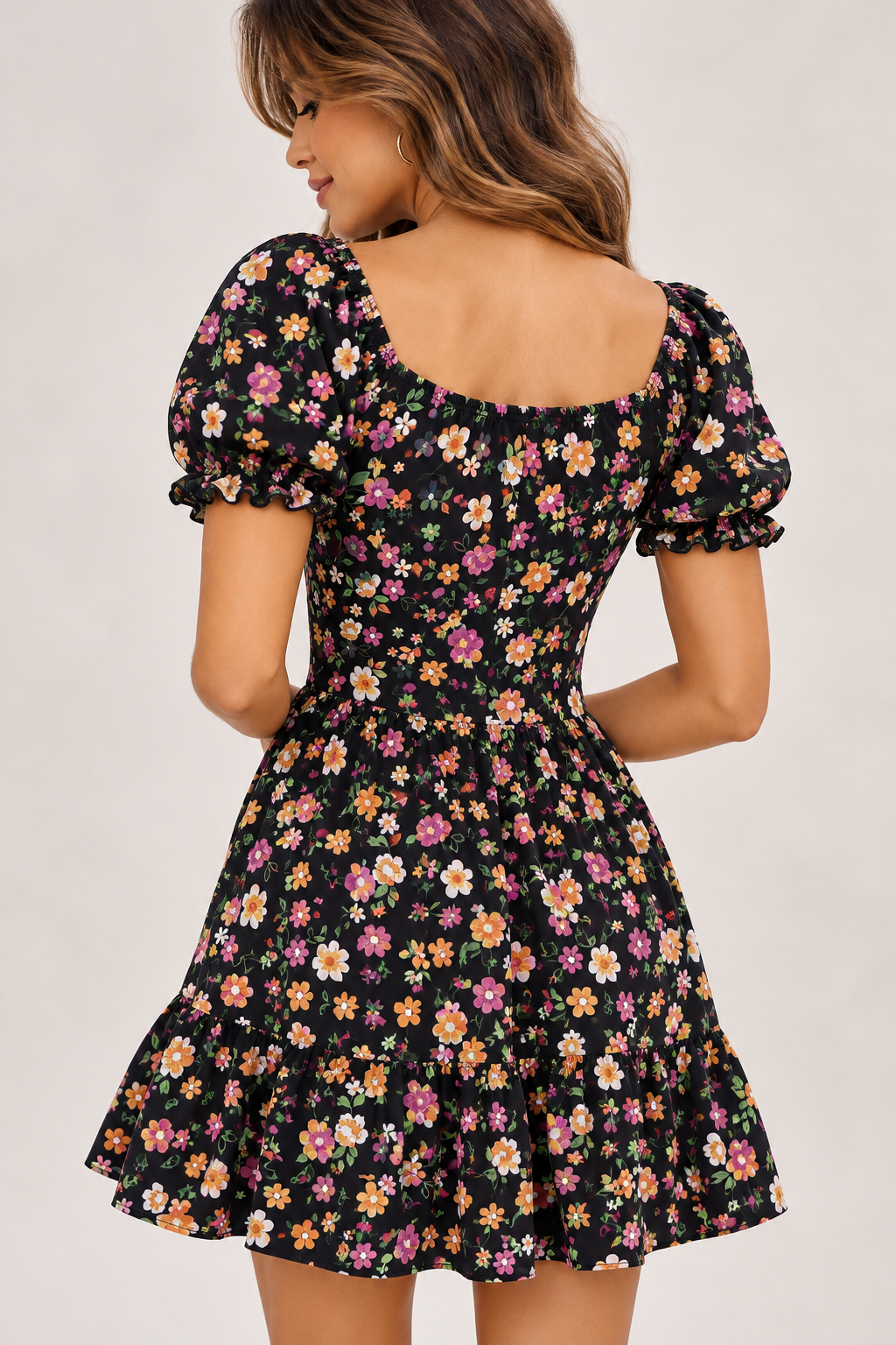 00854 Vestido Alana - Negro Flores Colores
