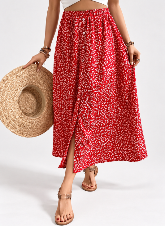 416 Falda Midi Floral Rojo ( Algodón )