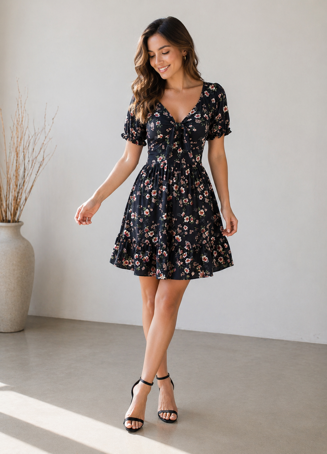 00854 Vestido Aliza Flores Negro