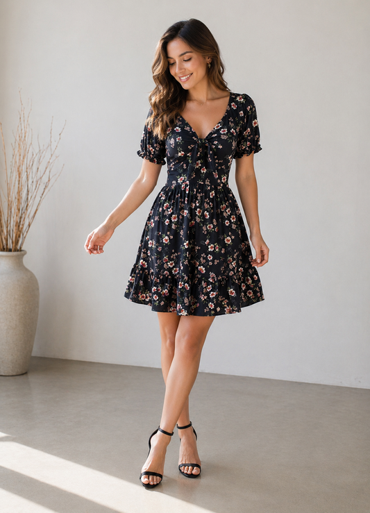 00854 Vestido Aliza Flores Negro