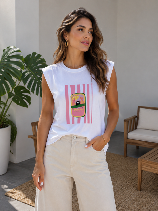 00100 Blusa Mindi Blanca Gato Sardina