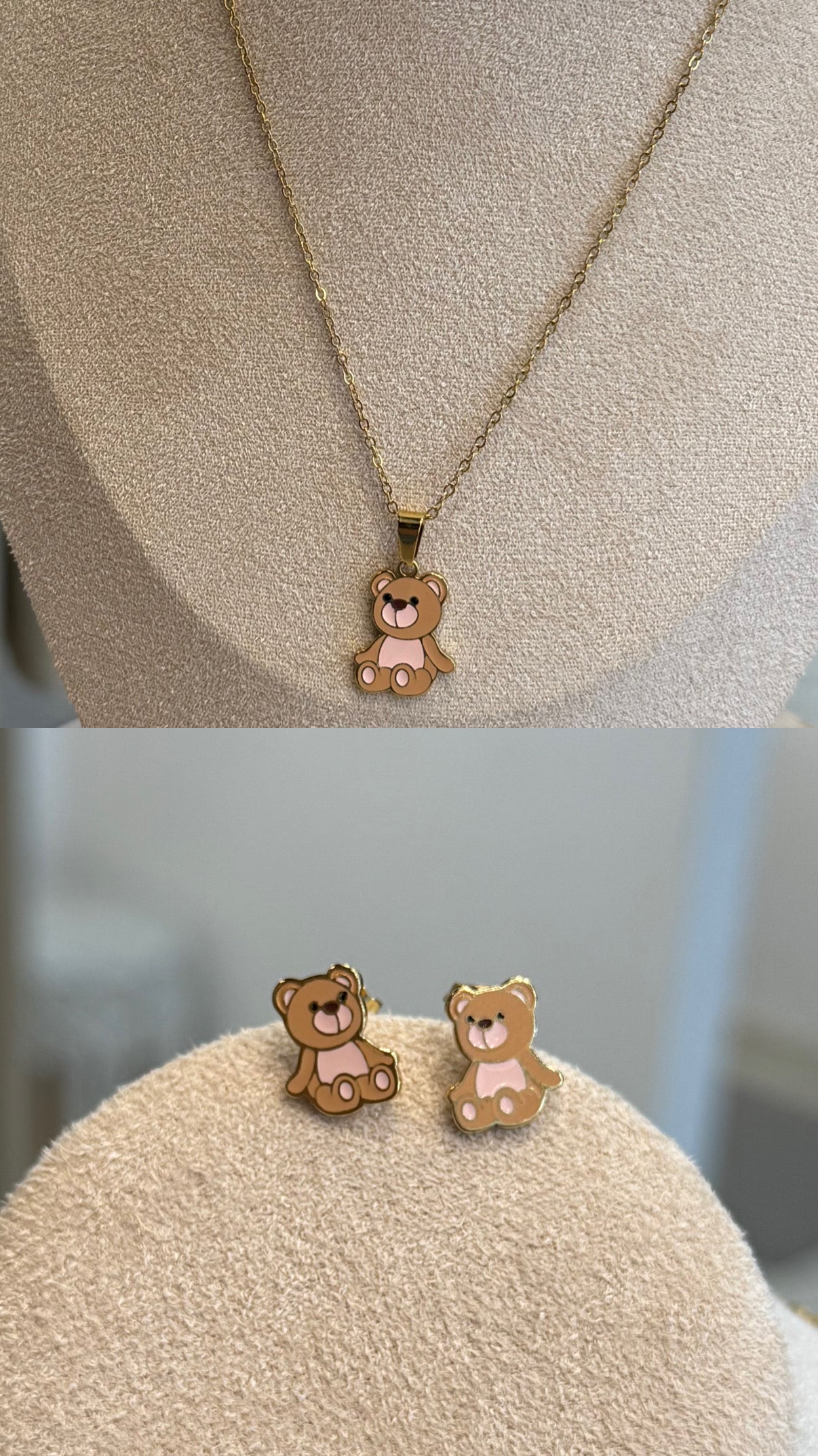 000115 Collar Osito Beige en Set Acero Inoxidable