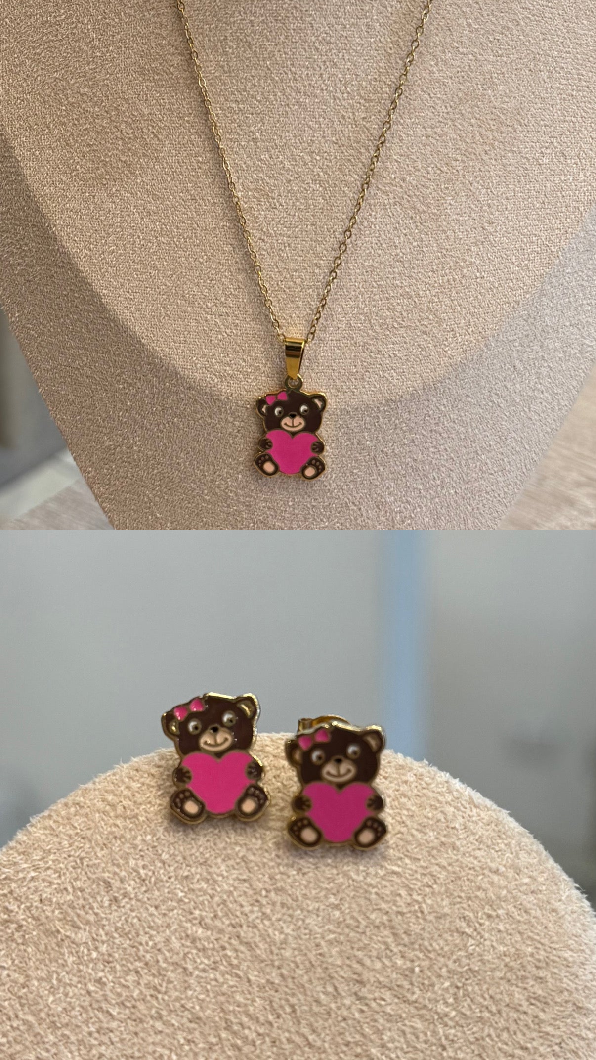 000114 Collar Osita Café en Set Acero Inoxidable