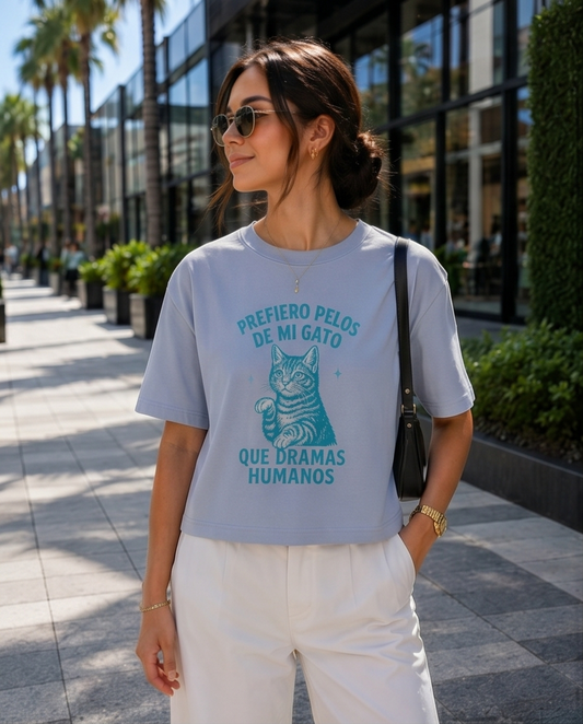 00568 Blusa Gato Drama Celeste ( Tela Gruesa )