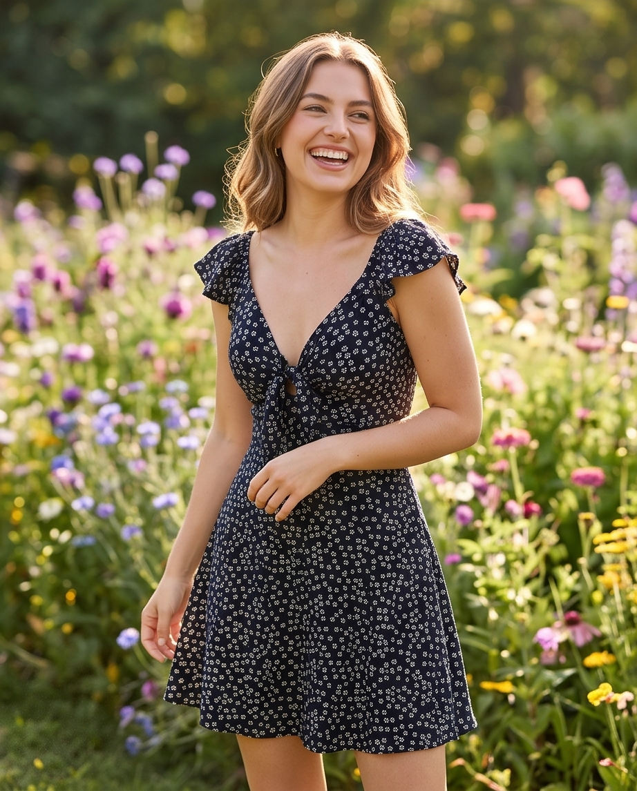 00401 Vestido Sabrina negro con flores amarillas
