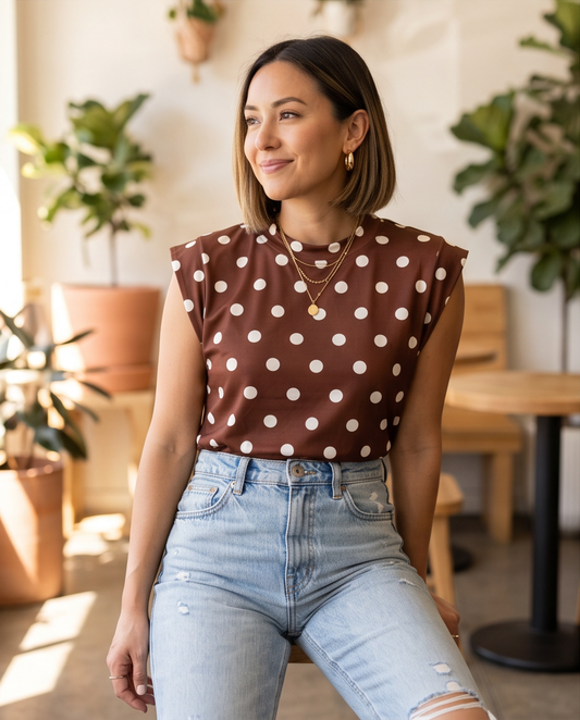 00102 Blusa Mindi Color Café Polka Dots
