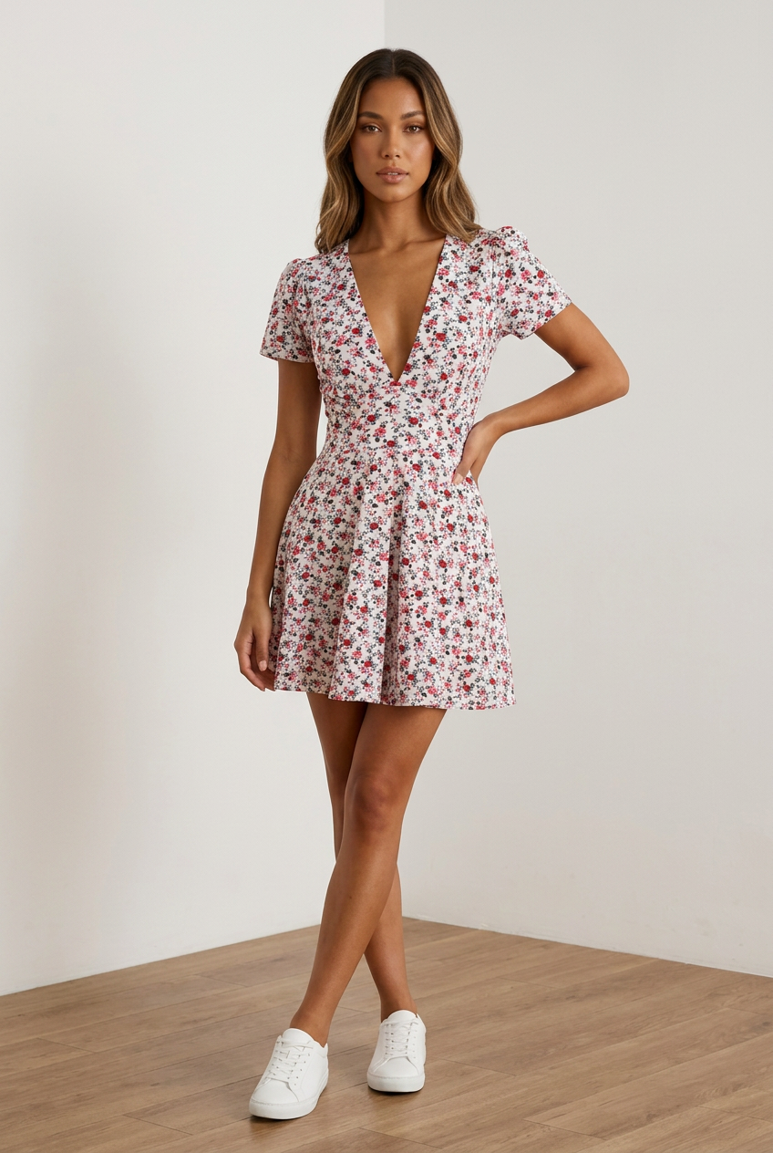 00012 Vestido Alexa con Bolsas Flores Blanco