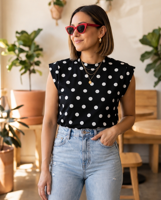 00102 Blusa Mindi Color Negra Polka Dots