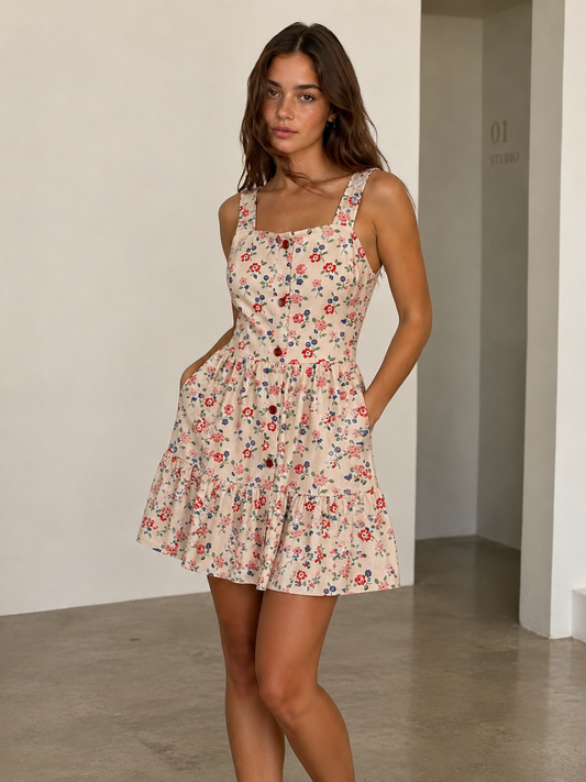 00502 Vestido Shanik floral rosa con Bolsillos
