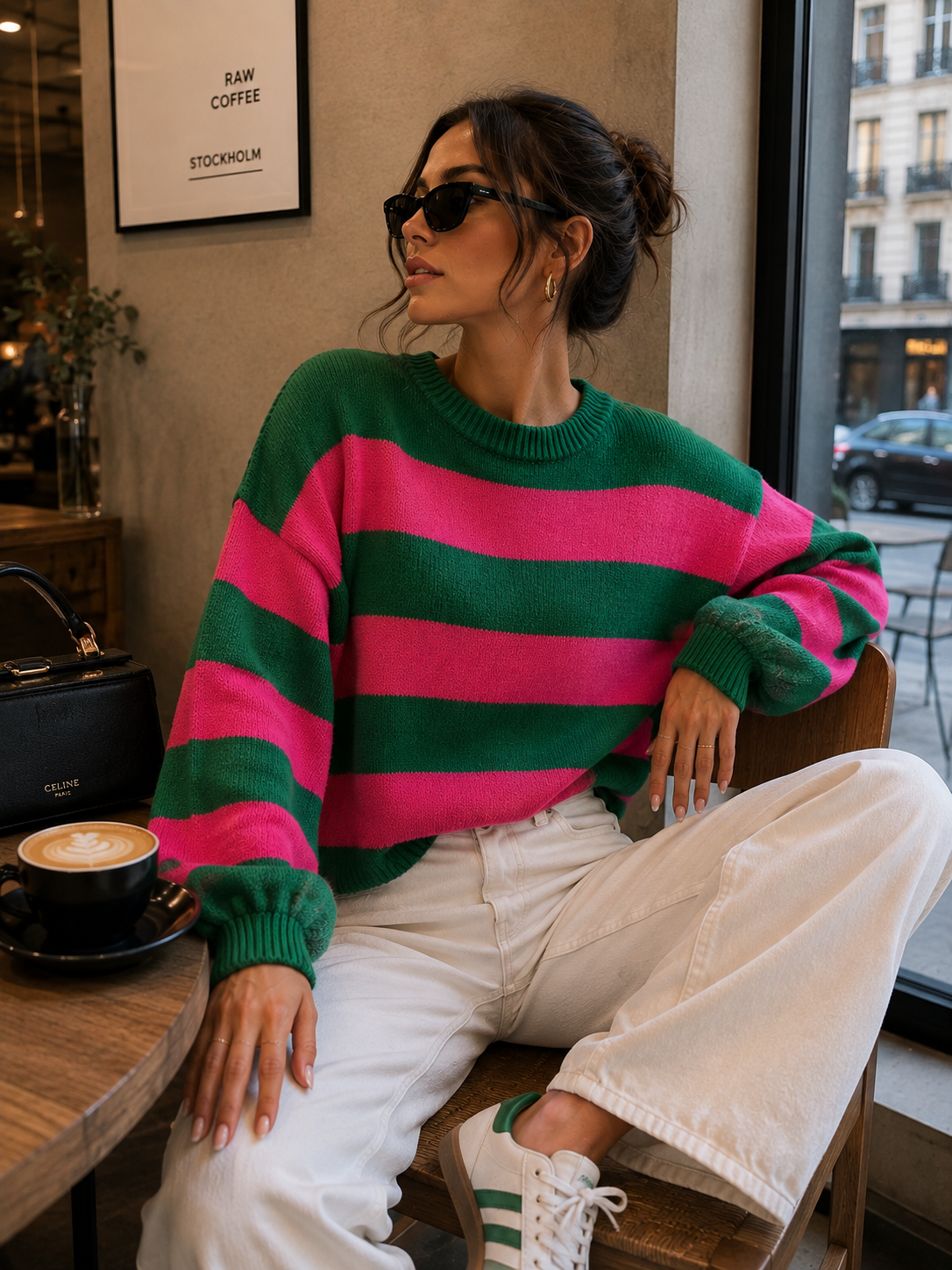 408 Abrigo rayas verde y fucsia