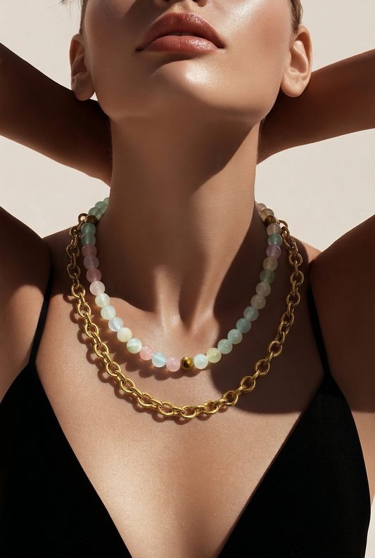 00069 Collar Aura Pastel ( Acero+ Jade de Colores ) 🩵🤍🩷