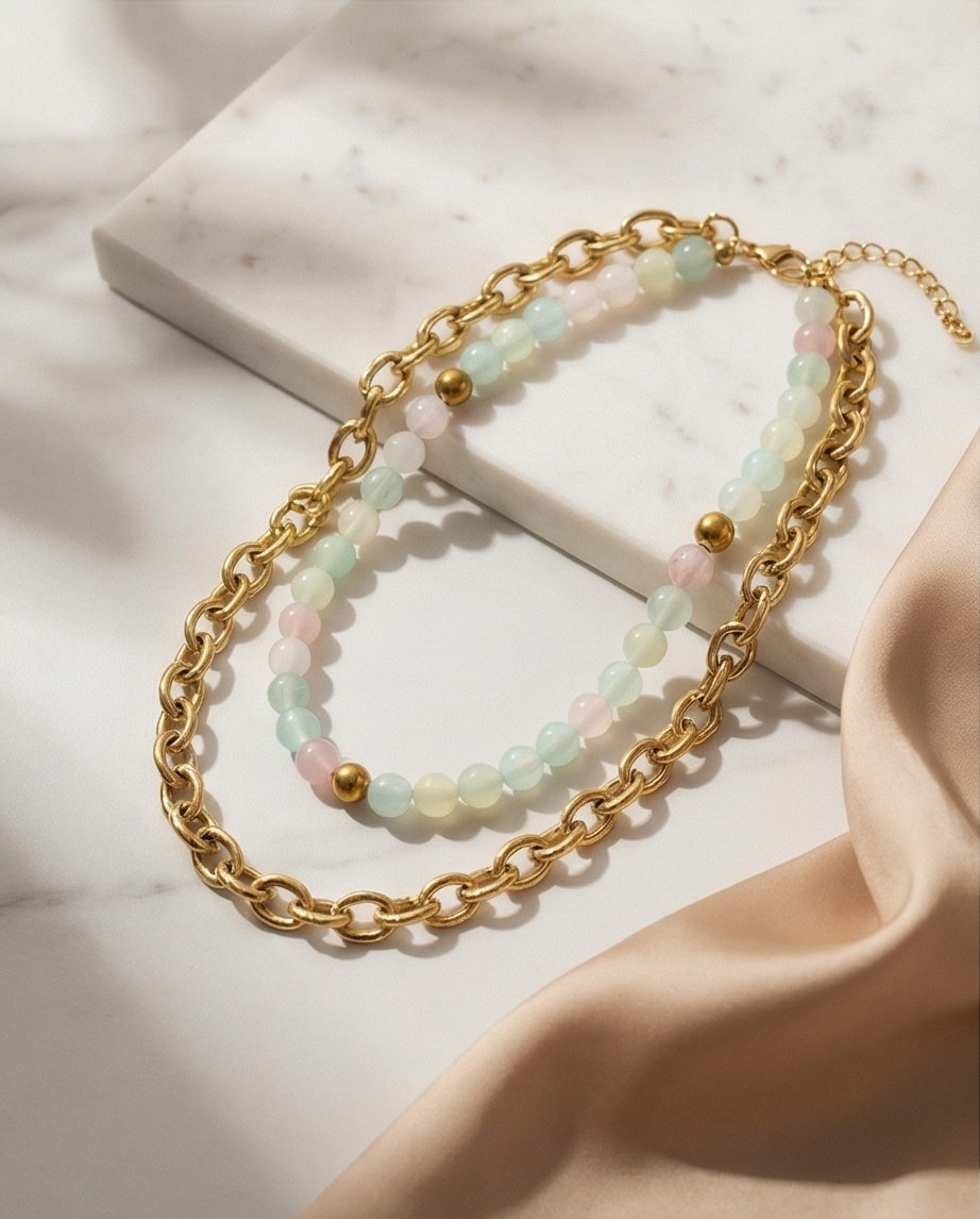 00069 Collar Aura Pastel ( Acero+ Jade de Colores ) 🩵🤍🩷