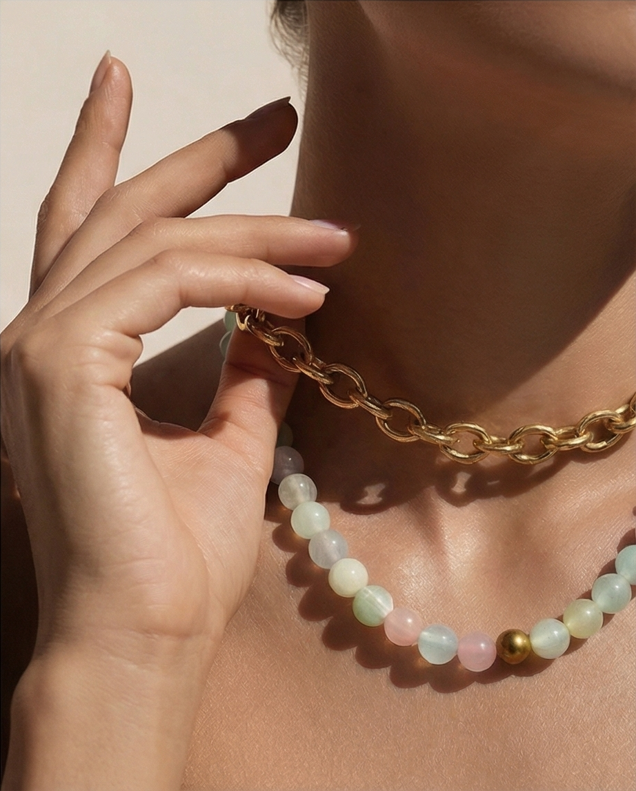 00069 Collar Aura Pastel ( Acero+ Jade de Colores ) 🩵🤍🩷