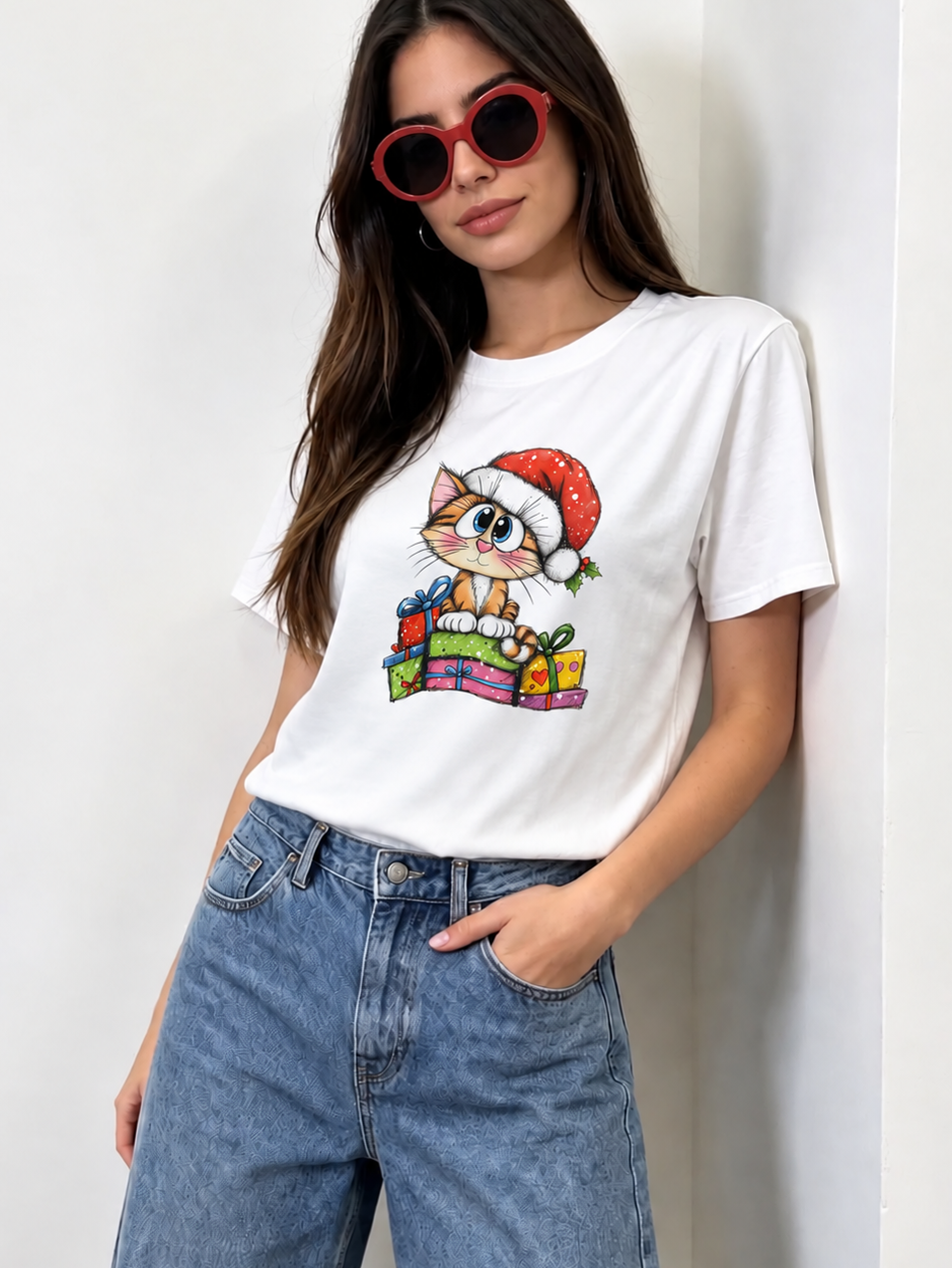 464  Blusa Navideña Gato  Blanca